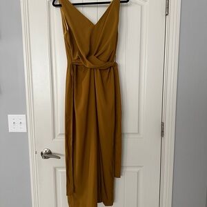 Lulu's Gold Asymmetrical V-Neck Jumpsuit Wedding Guest